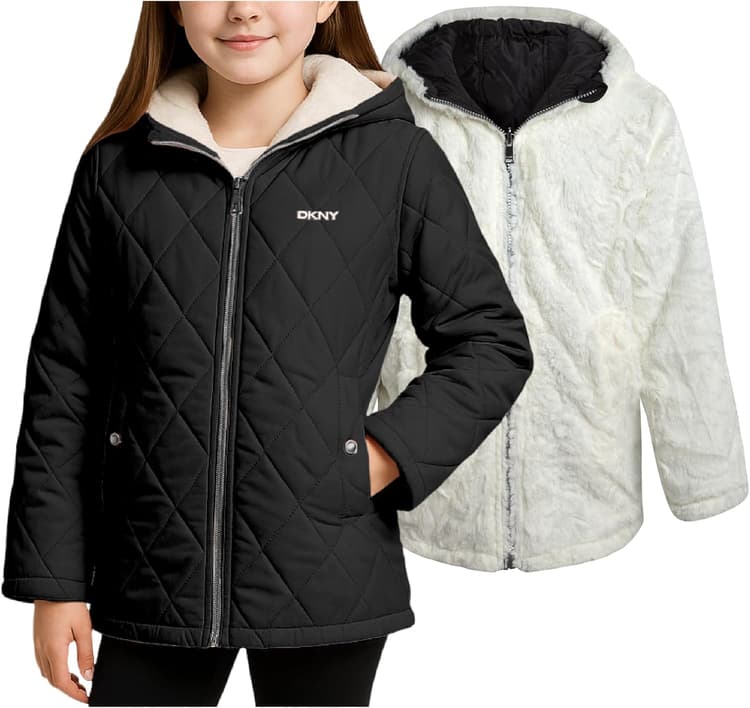 DKNY Reversible Girls Winter Coat - Heavyweight Quilted Jacket with Sherpa Lining Hooded Puffer Jacket Winter Coats for Girls