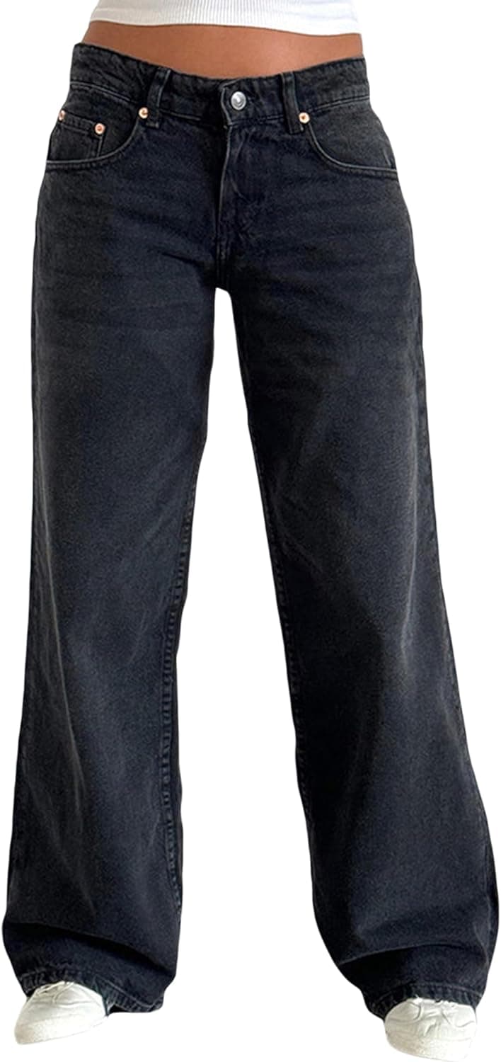 Felcia Jean baggy taille basse jambes larges boyfriend pantalon en jean coupe ample jambe droite pantalon décontracté Y2K pantalon décontracté avec poches