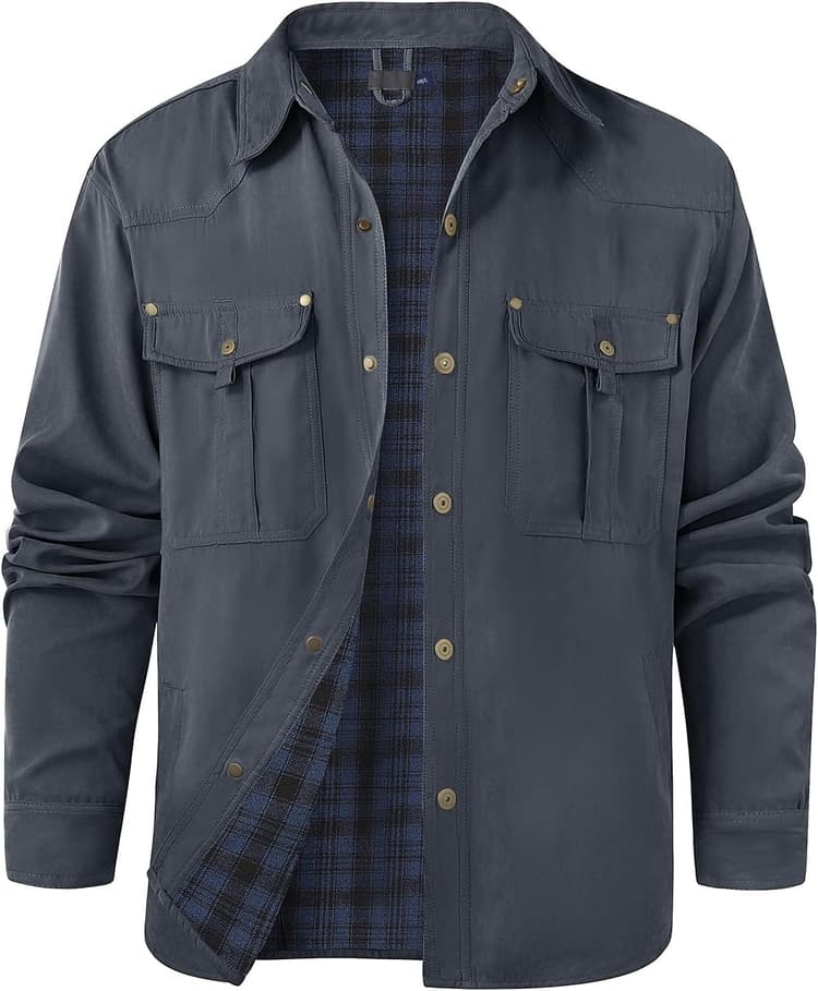 Voqeen Veste Homme Mi Saison Blouson Homme Printemps Été À Manches Longues En Tissu À Carreaux Décontracté Veste Demi Saison Robuste À Boutons-Pression Veste D'extérieur Doublée De Flanelle