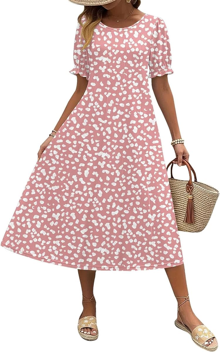 Zeagoo Womens Summer Dress Casual Midi Dresses 2026 Short Puff Sleeve Flare Dress Pleated Flowy Sundress with Pockets