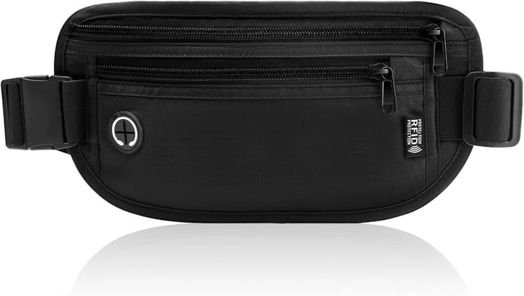 Ceinture de Voyage avec RFID Blocage, Sac Banane pour Femmes et Hommes Imperméable Secrète Sacoche Banane Ajustable Pochette Ceinture pour Passeport Téléphone Carte de Crédit (Noir)