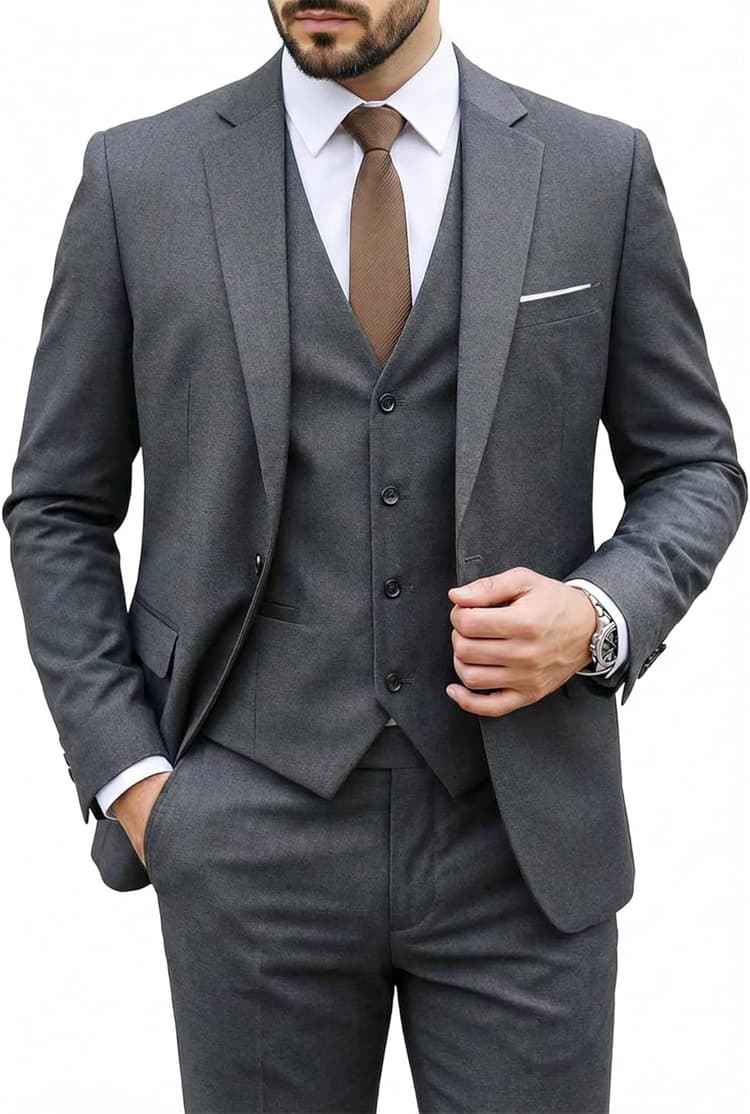 MY'S Men's 3 Piece Suit Set with Tie, One Button Slim Fit Solid Jacket Vest Pants, Prom Party Wedding Business Suits for Men