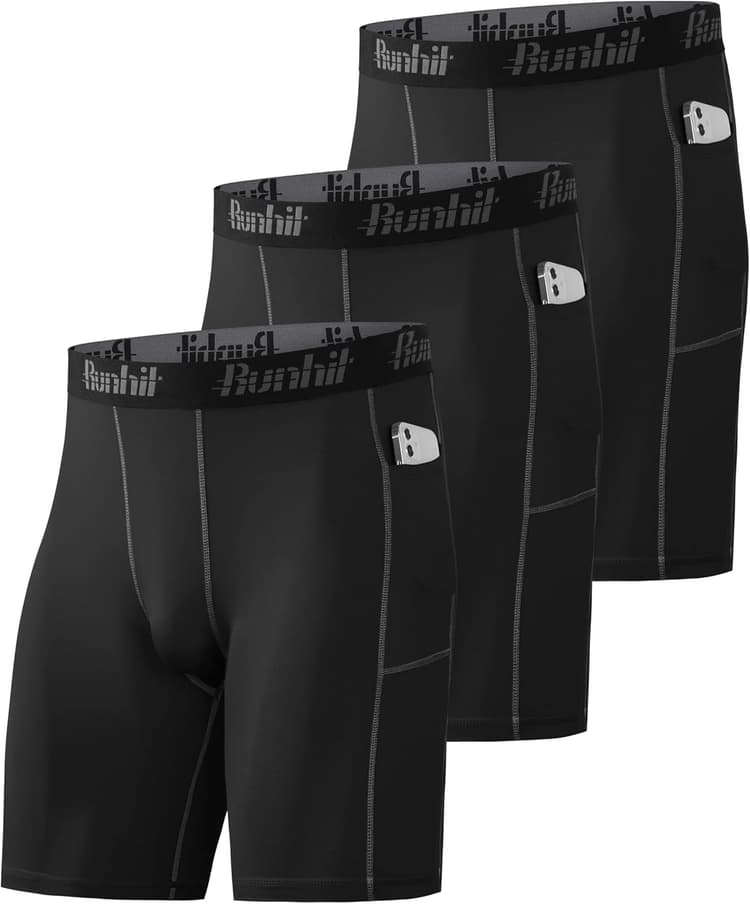 Runhit Lot de 3 Short Compression Homme avec Poche Boxer Sport Fitness Short Running Homme pour Cycliste Basketball Foot Tennis Rugby