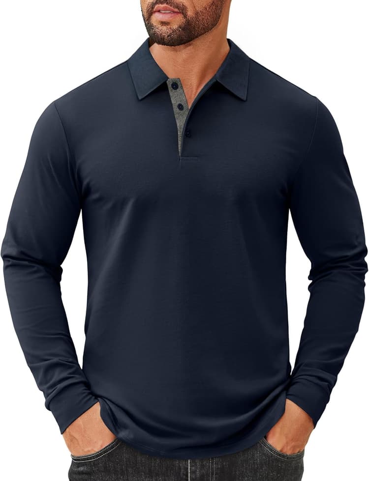 COOFANDY Mens Long Sleeve Polo Shirts Cotton Collared Shirts Casual Business Polo Classic Golf T Shirts