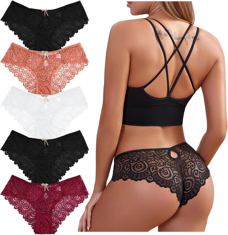 Lot de 5 Culotte Dentelle Sexy pour Femme String Femme Sexy Chic Tanga sous Vêtements Féminins Lingerie Shorties Hipster Stretch Slips Ultra Minces