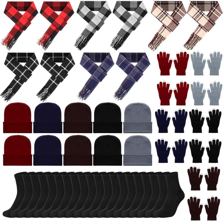 Panitay 50 Pcs Winter Warm Set Beanies Hats Gloves Scarves Socks Set Plaid Scarf Plush Earmuffs Socks for Men Women Homeless