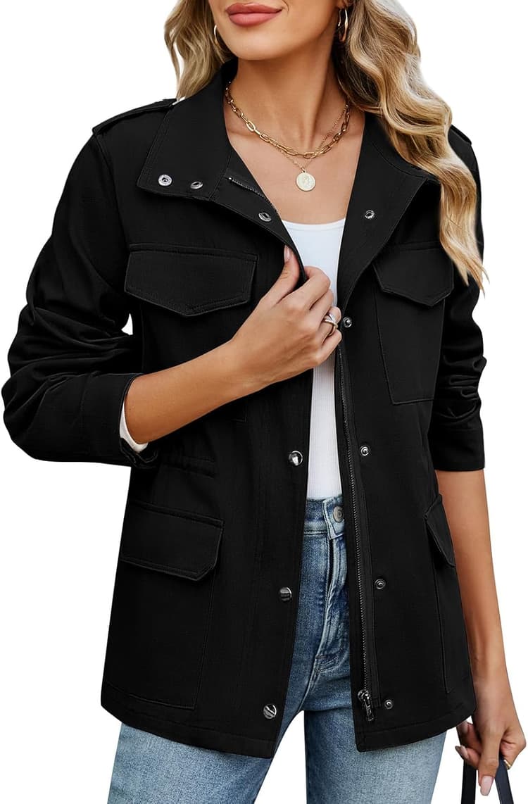 CMTOP Veste Femme mi Saison Court Léger Blouson en Coton, Décontracté Élégante Jacket Saharienne Veste Manteau avec Multi Poches pour Printemps Été Automne