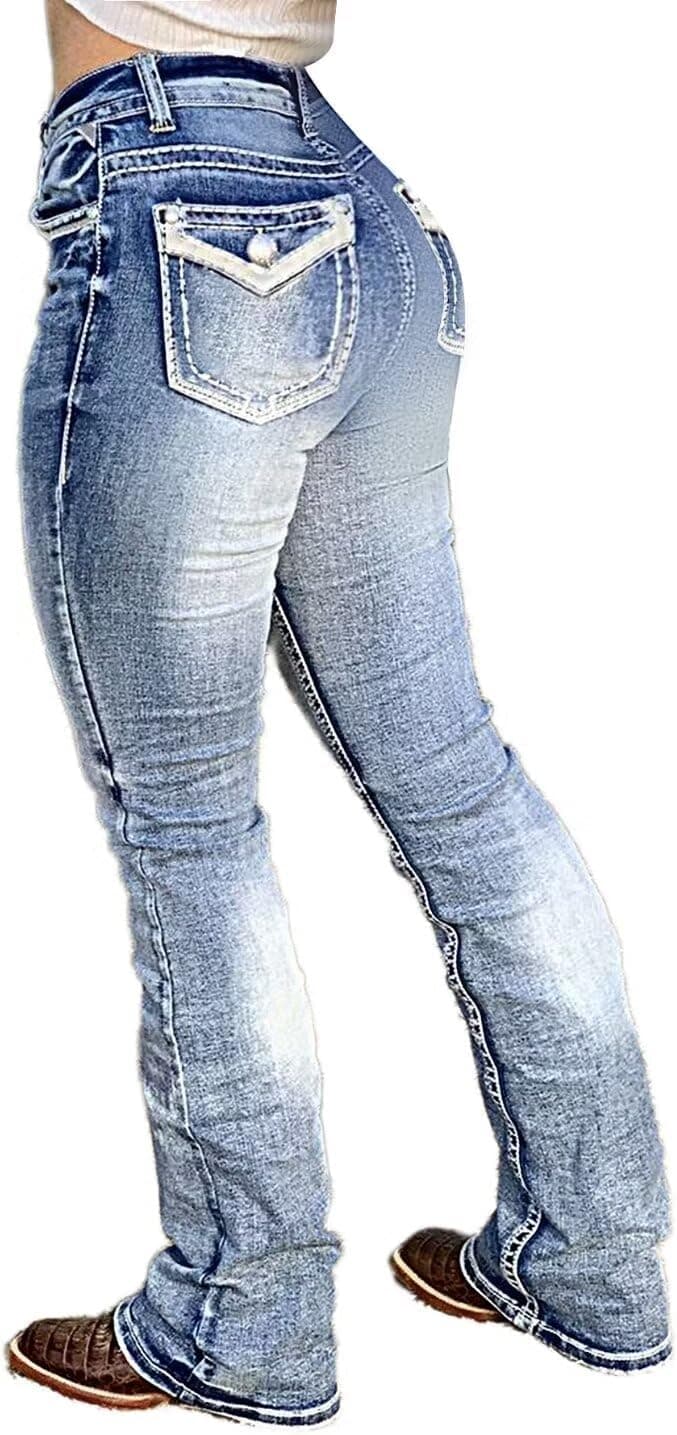 Flamingals Boot Cut Jeans for Women Trendy Stretch Jeans Butt Lifting Tummy Control Denim Pants Sea Blue 2XL