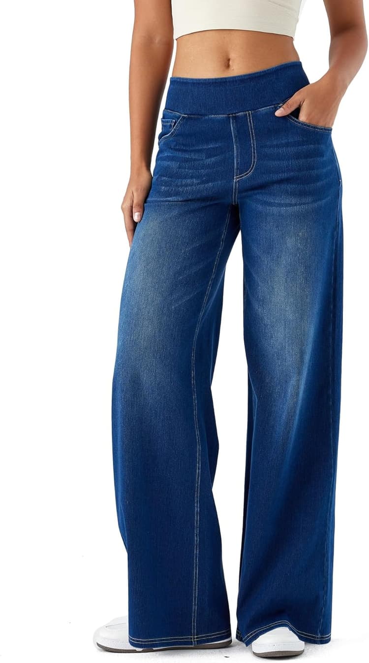 LaiEr Pantalon en Denim à Jambe Large pour Femmes, Taille Haute, Jambe Droite, Coupe Ample, Jeans décontractés très Extensibles pour Le Yoga, Le Fitness, Les Sports décontractés