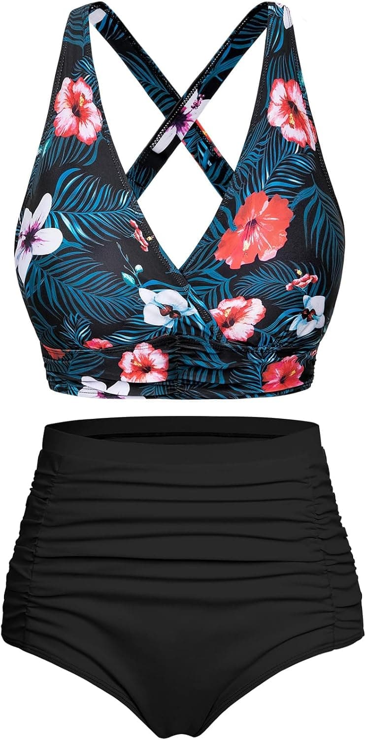 Maillots de Bain Femme Deux Pièces Gainant Ventre Plat Taille Haute Ensembles avec Attaches Bikini Set Push Up Col V Élégant