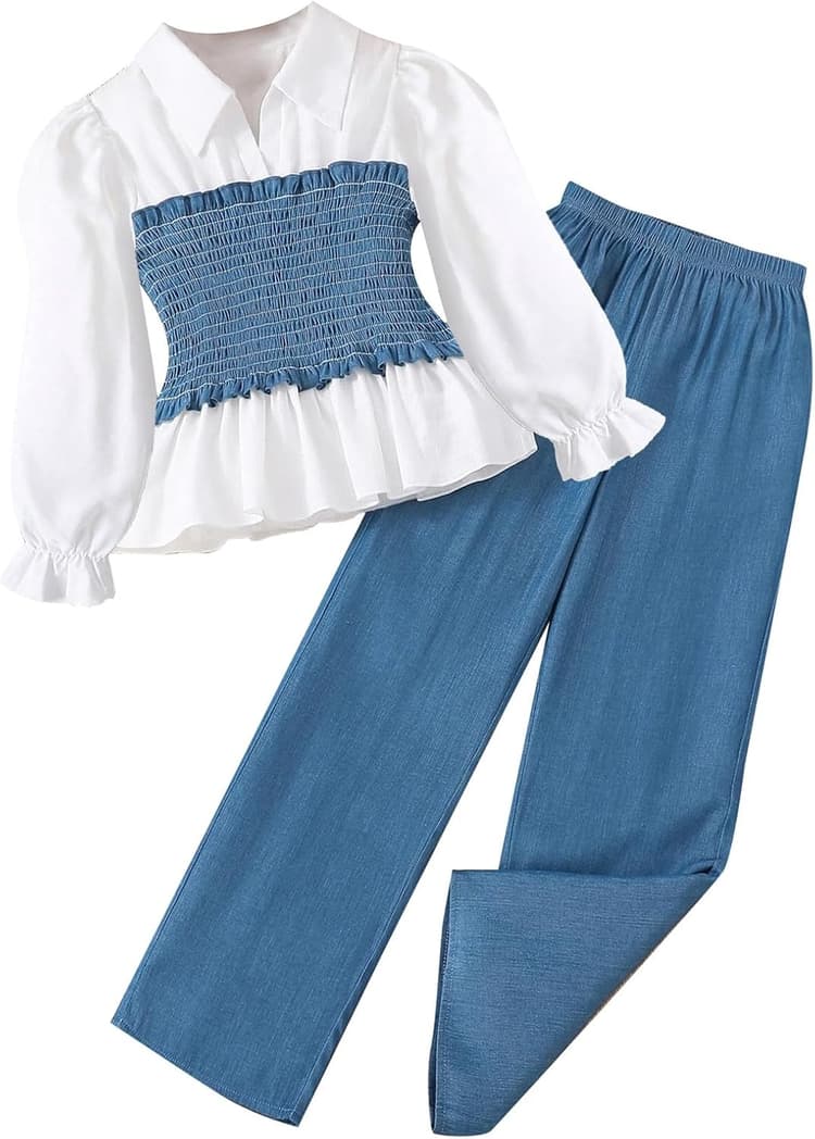 Ensembles Fille 5-12 Ans Chic et Elegant Ceremonie Soiree Top Haut Peplum Fille ado plissé Manche Longue Chemisier Blouse Automne et Pantalon Fluide Leger Tenue Enfant Fille