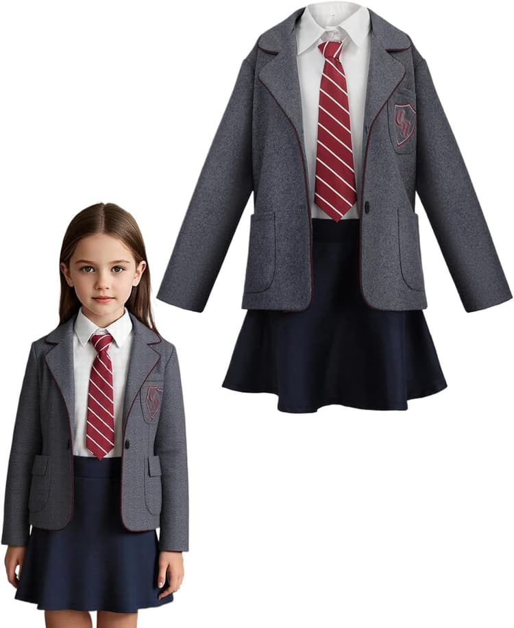 Costume de personnage de livre pour filles – Veste grise, chemise blanche, jupe et cravate noires, costumes de la journée mondiale du livre Roald Dahl pour enfants