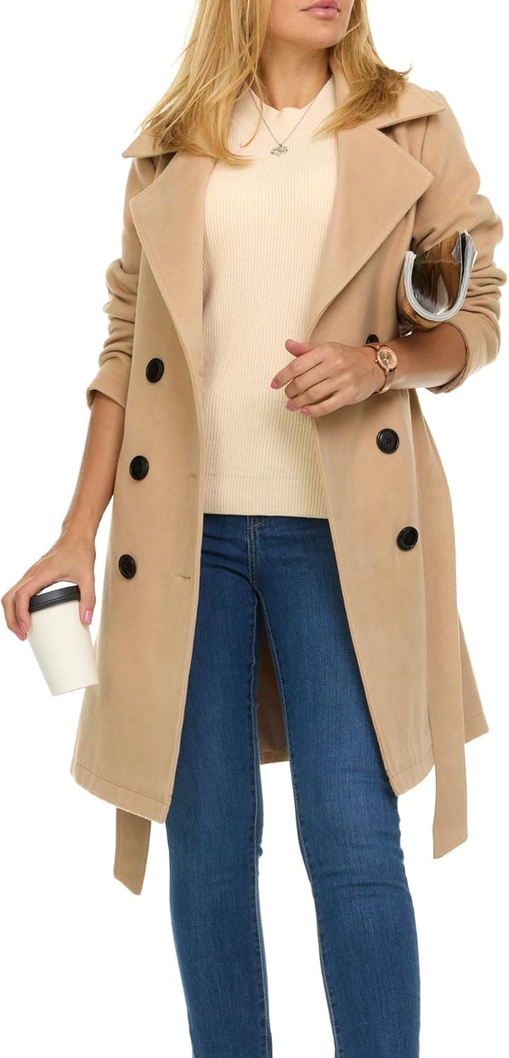 Steve Madden Trench Coat for Women – Double-Breasted Long Winter Faux Wool Coat