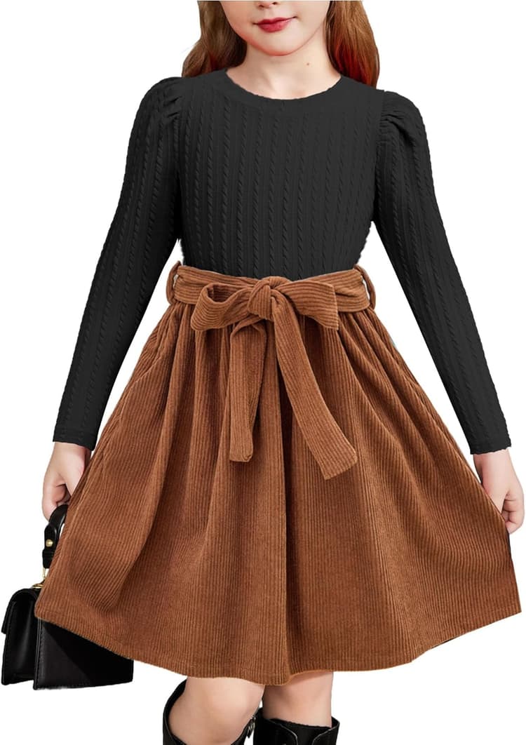 Arshiner Robe à Manches Longues Bouffantes pour Filles, Tricot côtelé, à Carreaux, Patchwork, décontractée, Princesse, Robe de soirée Automne-Hiver avec Poches pour Enfants de 4 à 14 Ans