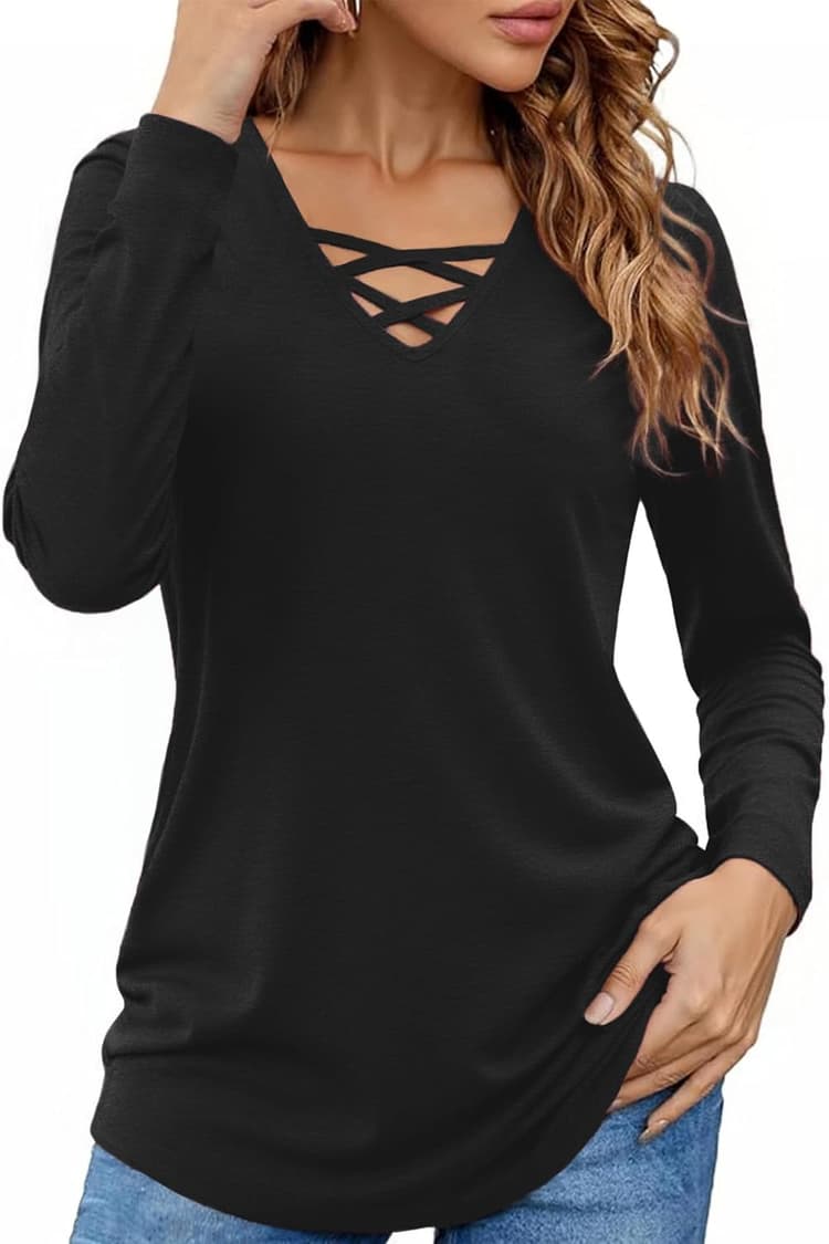 Totatuit T-Shirt à Manches Longues Femme Col V Chic élégant Lâche Haut Décontracté Tee Shirt Couleur Unie Tunique Basic Top