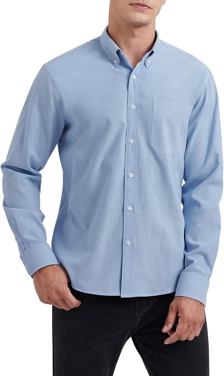 HISDERN Chemise à manches longues décontractée en tissu Oxford pour homme, chemise élégante unie, boutonnée, coupe standard avec poche
