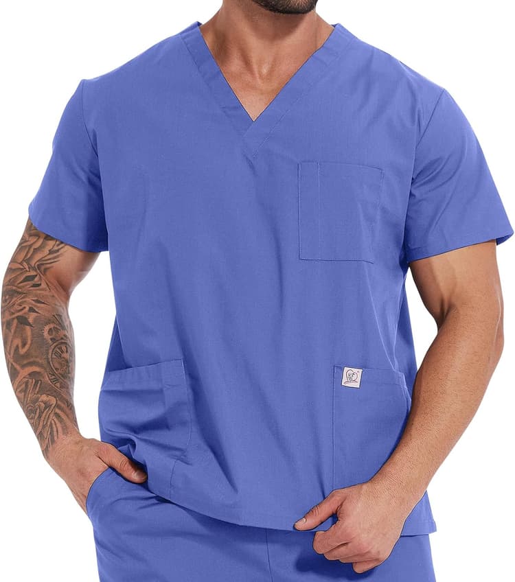 Scrub Tops for Men V-Neck Scrubs with 3 Pocket Men's Overalls Uniform for Nurse Dentist Vets Team