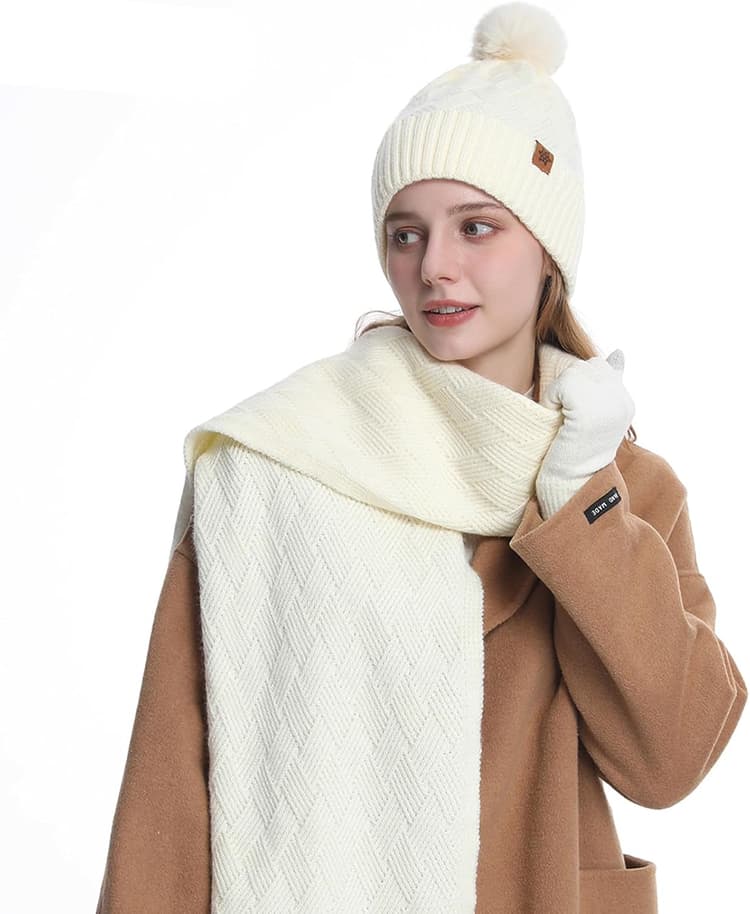 Ensemble Écharpe Bonnet Gants pour Femme Écharpe Chaud Bonnet et Mitaines pour l'Hiver Noël