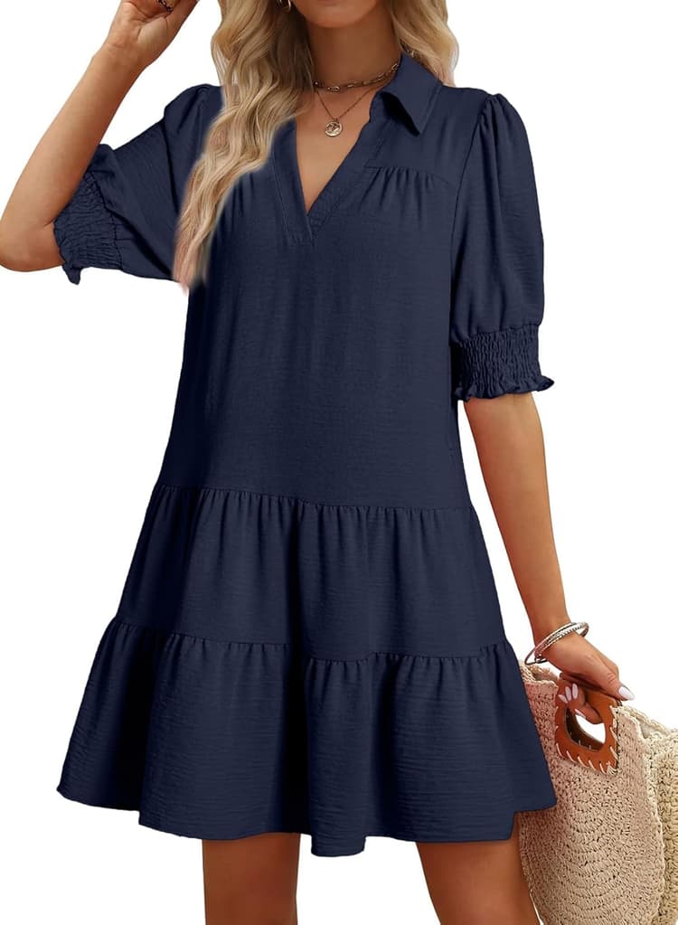Dokotoo Casual Dresses for Women Lapel Collared V Neck Mid Sleeved Pleated Summer Dresses for Women 2026 Midi Dresses