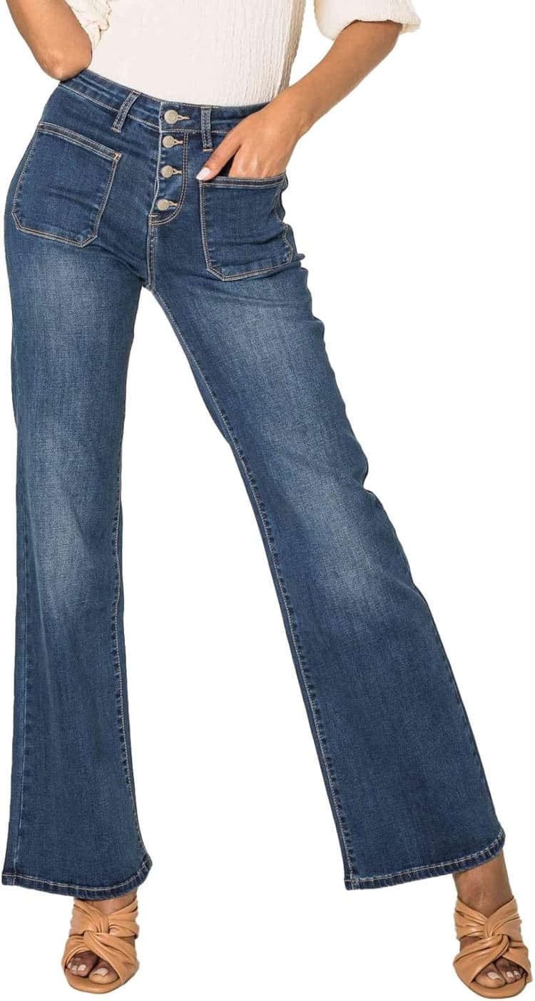 Nina Carter Flared Bootcut Jean pour Femme Taille Haute Évasé Vintage Effet Usé Stretch