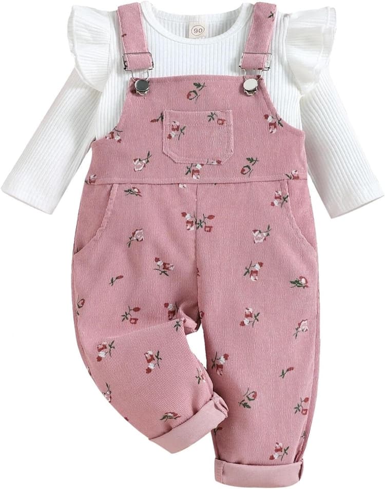 Ensemble Vêtements pour Bébé Fille Haut à Manches Longues en Tricot Côtelé Pantalon à Bretelles Floral avec Poches