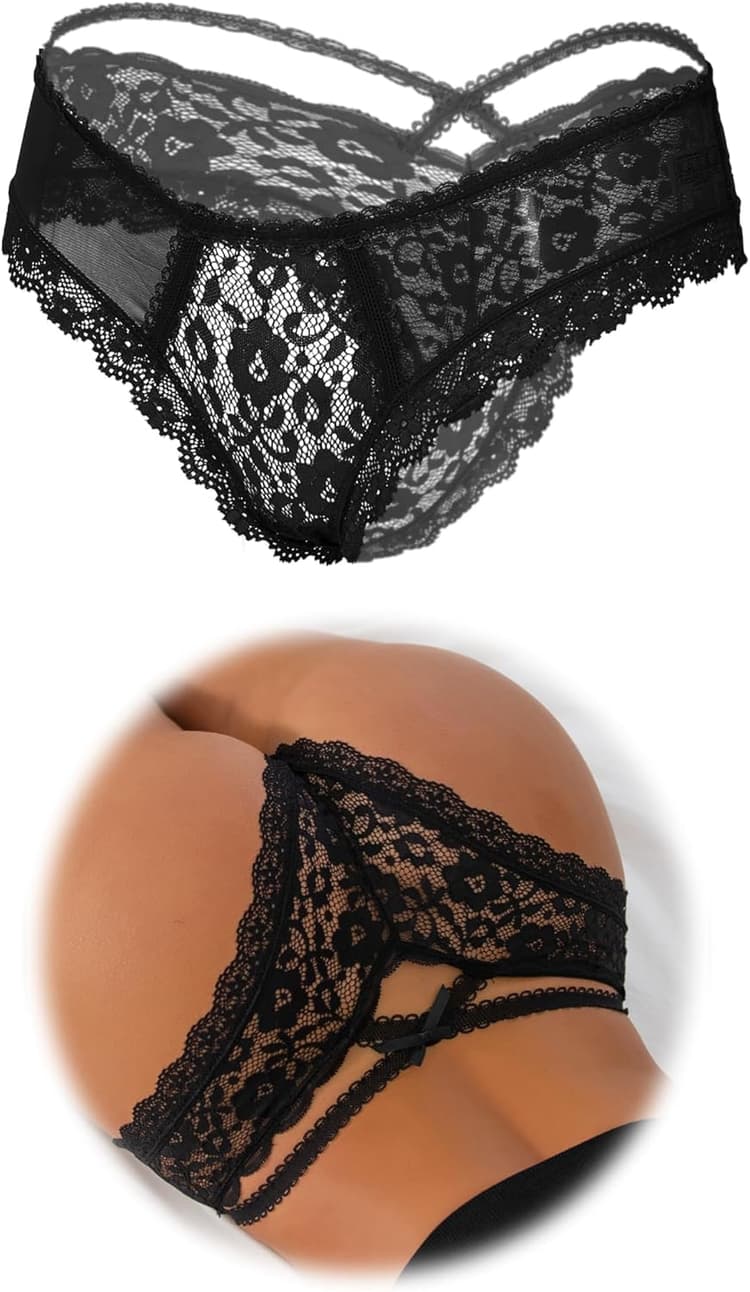 ohmydear String Femme Sexy Chic Hot Tanga Dentelle Culotte Entrejambe en Coton Slip Transparent XS-4XL Panties Strings et Tangas sous-Vêtements