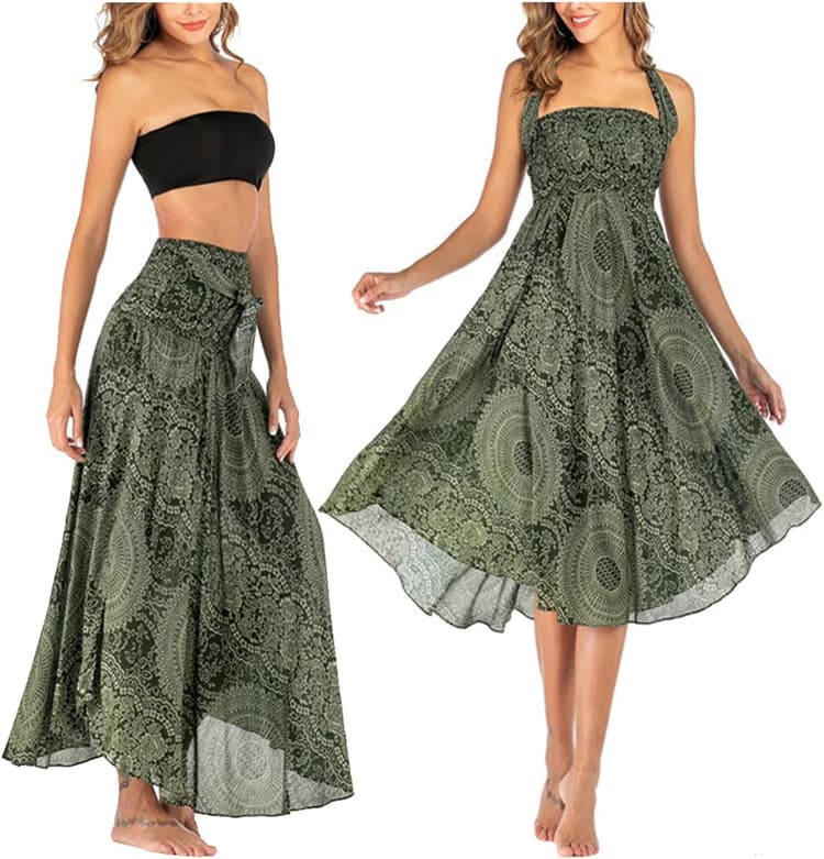 Femme Robe Imprimé Fleurie Ete Boheme Jupe Style Ethnique 2 en 1 sans Manche Plage Strap Wrap Taille Unique