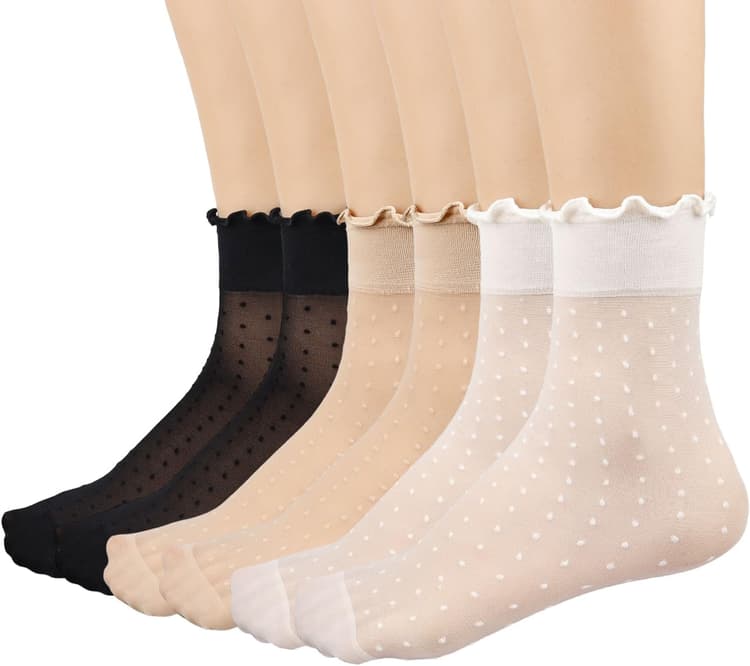 Mcool Mary 12 Pairs Women's Sheer Ruffle Socks Nude Stocking Summer Ultra Thin Cool See Through Silk Ankle Socks for Women
