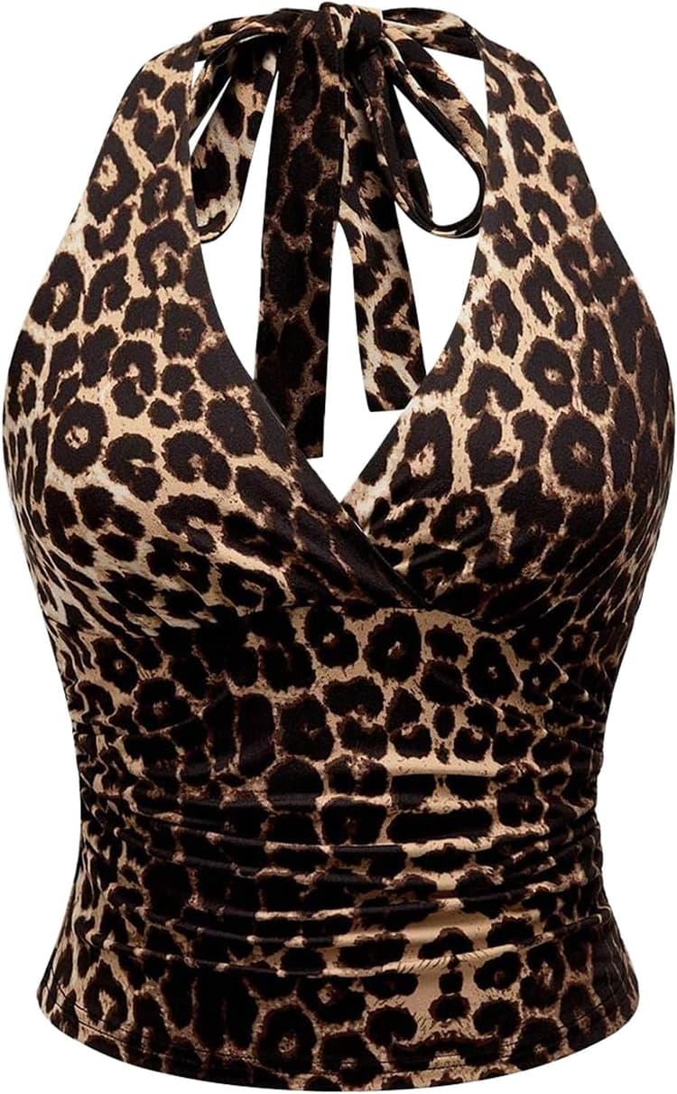 Haut Leopard Femme, Débardeur Femme Crop Top Sexy Crop, Y2K Backless Top T-Shirts, Clubwear Tops en Filet à Maille pour SoiréE Club pour Fille