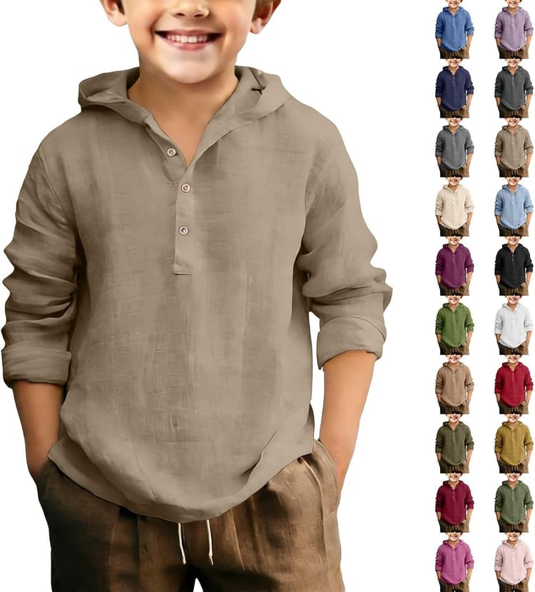 Chemise bohème en lin pour garçons, chemise boutonnée en coton et lin à manches longues, pull à capuche demi-boutonné, coupe ample, sweat à capuche de plage uni, respirant et léger