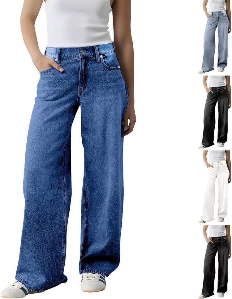 Générique Jean Large Femme - Pantalon Baggy Femme Taille Haute Jeans Coupe Droite Ample Denim Décontracté Chic et Élégant Y2K avec Poches Grande Taille