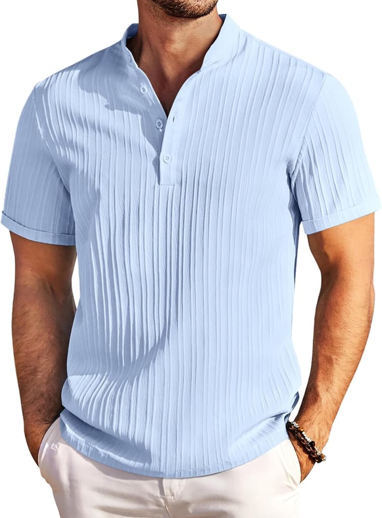 COOFANDY Men Casual Henley Tee Shirt Short Sleeve Band Collar Summer Beach Textured T-Shirt
