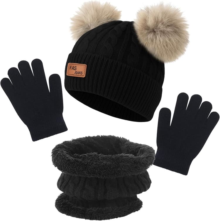 Ensemble bonnet,écharpe et gants d'hiver pour enfants,3 pièces,tricoté chaud,écharpe épaisse et moelleuse,chapeau à pompon,gants à deux doigts pour écran tactile,pour garçons et filles de 2 à 8
