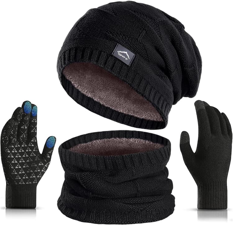 Winter Beanie Hat Scarf Touchscreen Glove Set for Men Women,Slouchy Knit Ski Cap Neck Warmer with Fleece Lined for Unisex