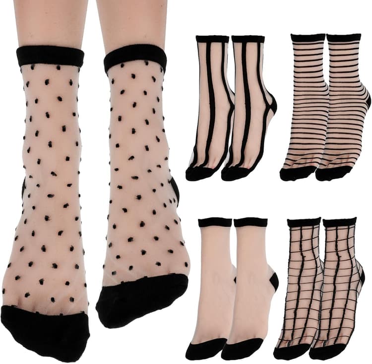 Lusofie 5 Pairs Sheer Black See-Through Socks - Checkered Dot Striped Plaid Ankle Summer Socks for Women - Thin Fashion