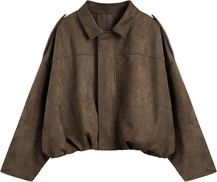Veste Bomber Femme Blouson en en Faux Daim - Court Décontracté Pilote - Motard Vintage - à Manches Longues