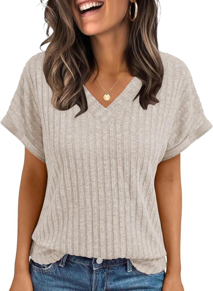 Tee Shirt Femme D'été Top Femme Chic et Élégant Décontracté T-Shirts à Manches Courtes à Col en V Haut Casual Tunique