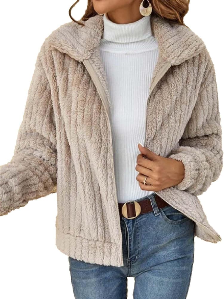 Manteaux Femme Hiver Veste Courte d'automne en Peluche Blousons avec Poches Zippée Manteau Polaire à Revers