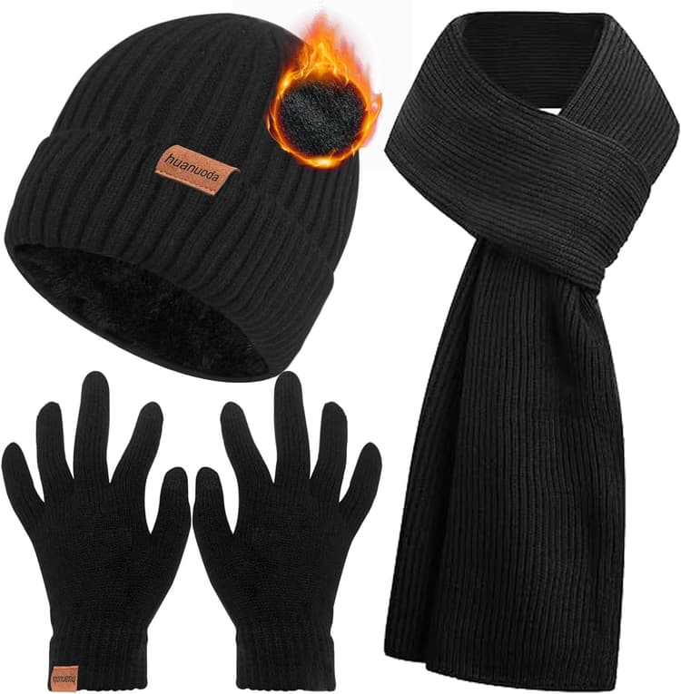 3PCS Winter Beanie Hat Scarf Touchscreen Gloves Set for Men and Women, Knitted Fleece Lined Hats Thermal Gloves Long Scarf