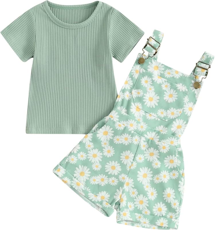 Toddler Baby Girls Summer Outfit Short Sleeve Ribbed Tops + Flower Suspender Overalls Shorts Set Kids Cute Clothes