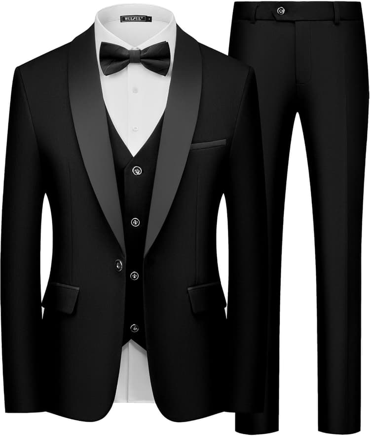 WULFUL Men's 3 Piece Suits Slim Fit Tuxedo Suit Set One Button Shawl Lapel Blazer Jacket Vest Pants Set for Prom, Business