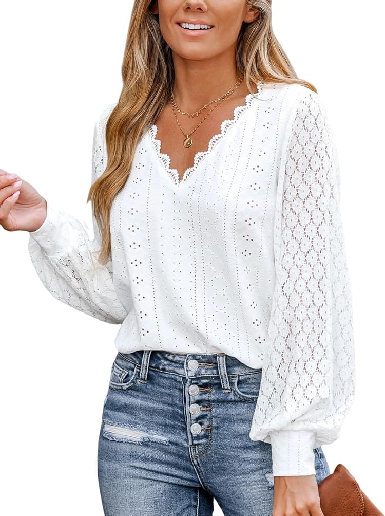 CUPSHE Chemisier Femme Chic et Élégante Blouse Dentelle Festonnée Col en V Manches Longues Casual Tops