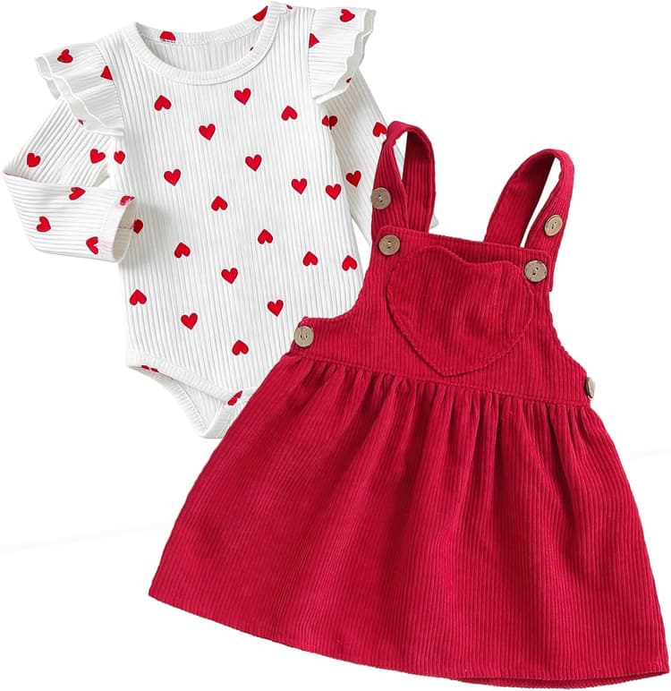 Vetement Bebe Fille Naissance Ensemble Bebe Fille Manches Longues à Volants Imprimé d'amour Body + Robe Bébé Filles Cadeau Naissance Filles Tenue Noel Bébé 0-18 Mois