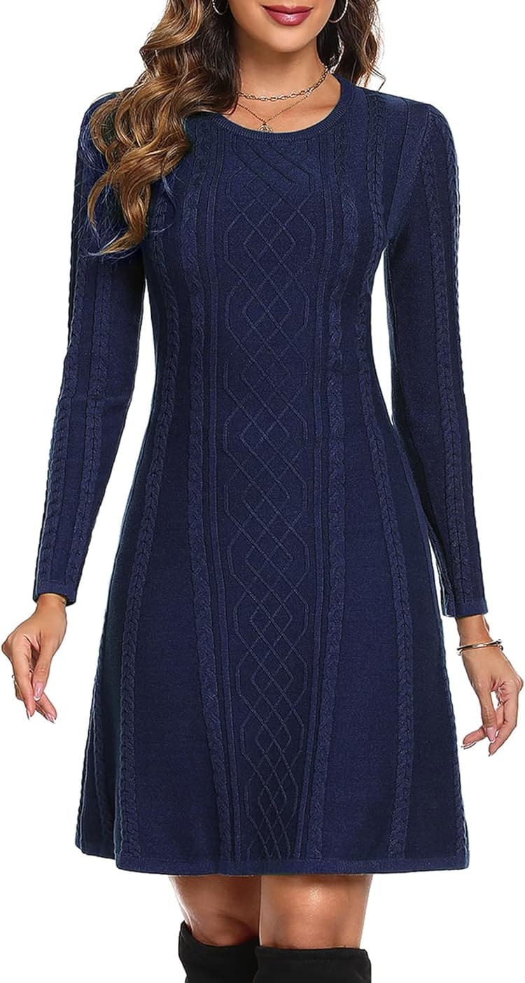 Robe Pull Femme Hiver Décontractée Tricotée Robe Pull Elegant Col Rond A Ligne Robes Casual Manches Longues Mini Robe Pull pour Fête Loisirs Cocktail Robe Pull