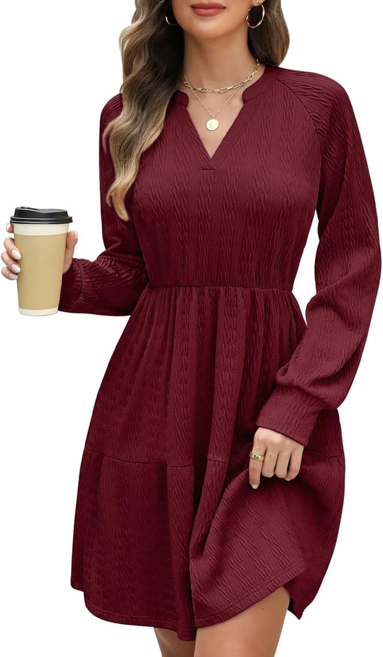 CMTOP Robe Femme Chic et Elegant Robe Manches Longues Décontractée Col en V Robes Automne Hiver Taille Haute Ligne A Robe Mini Longue Dress avec Poches