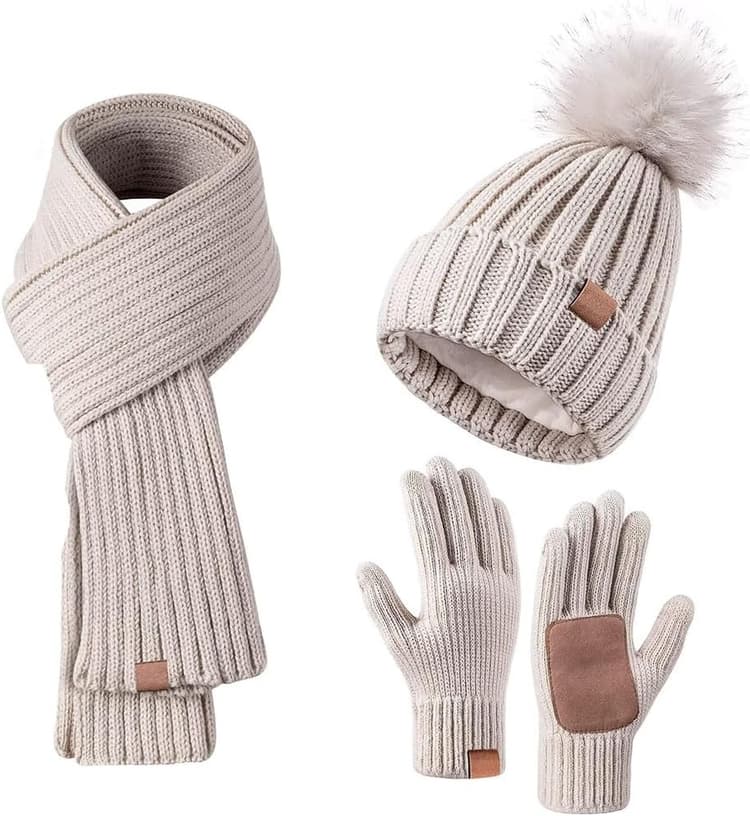 Bonnet d'hiver pour femme avec écharpe et gants - Bonnet d'hiver pour femme avec pompon doublé en polaire - Écharpe chaude - Bonnet, gants, écharpe chauffante - Ensemble 3 en 1