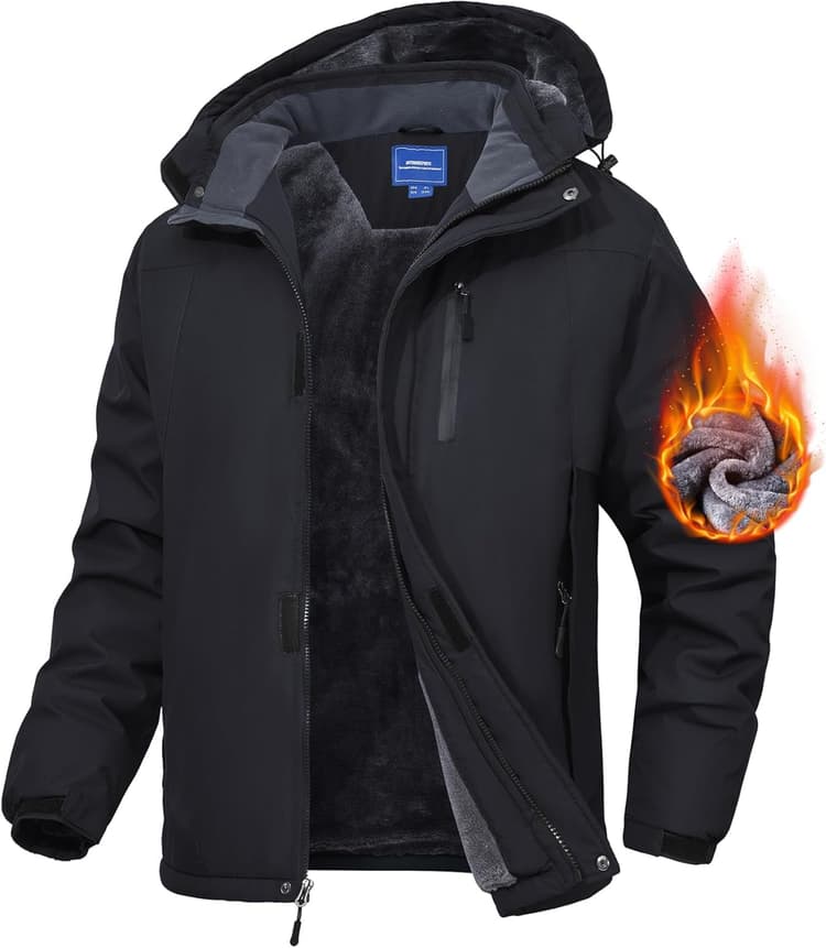 Veste Homme Hiver Coupe-Vent Manteau Ski Homme Poches Zippées Veste Imperméable Chaud Doublure Polaire Veste De Montagne avec Capuche Amovible