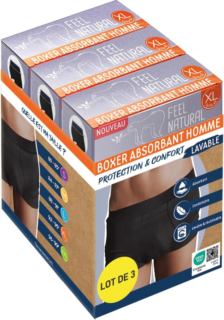 Feel Natural Boxer Absorbant Homme Lot de 3 – XL (T42–44) – sous-vêtement Lavable & Réutilisable – Protection Discrète Anti-Fuites – Noir