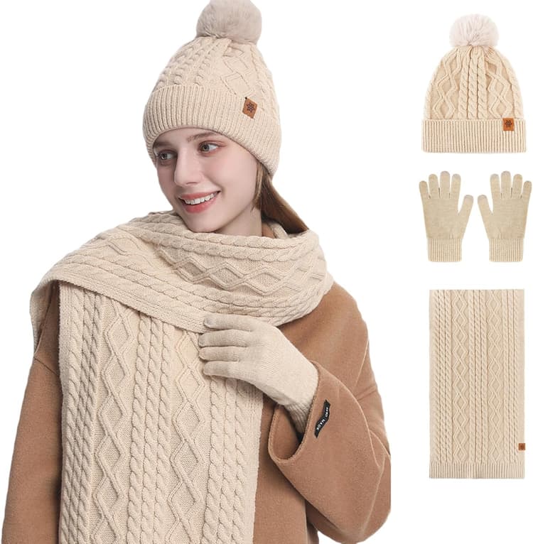 Ensemble Écharpe Bonnet Gants Écharpe Chaud Bonnet et Mitaines pour l'Hiver Noël pour Femme