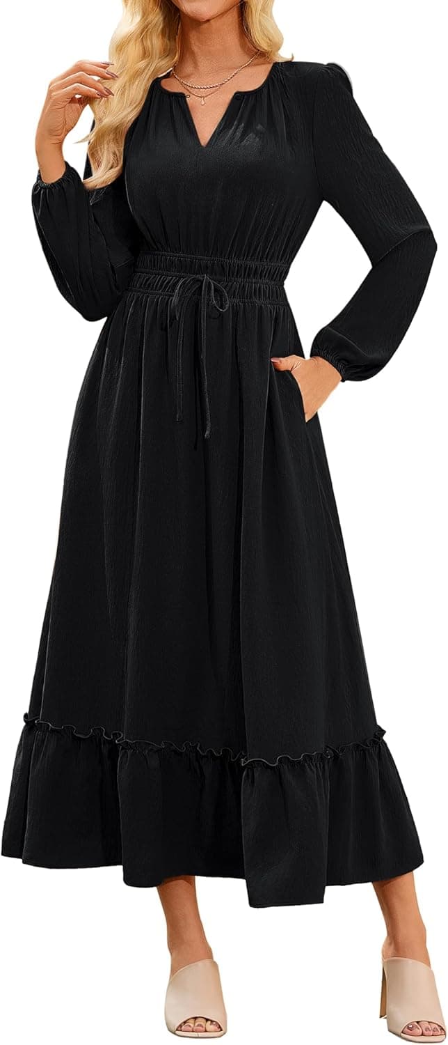 GRACE KARIN Robe longue décontractée à manches longues et col rond avec poches pour fête de mariage et quotidien